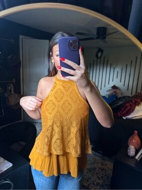 Lace Halter Tiered Tank Top - Mustard